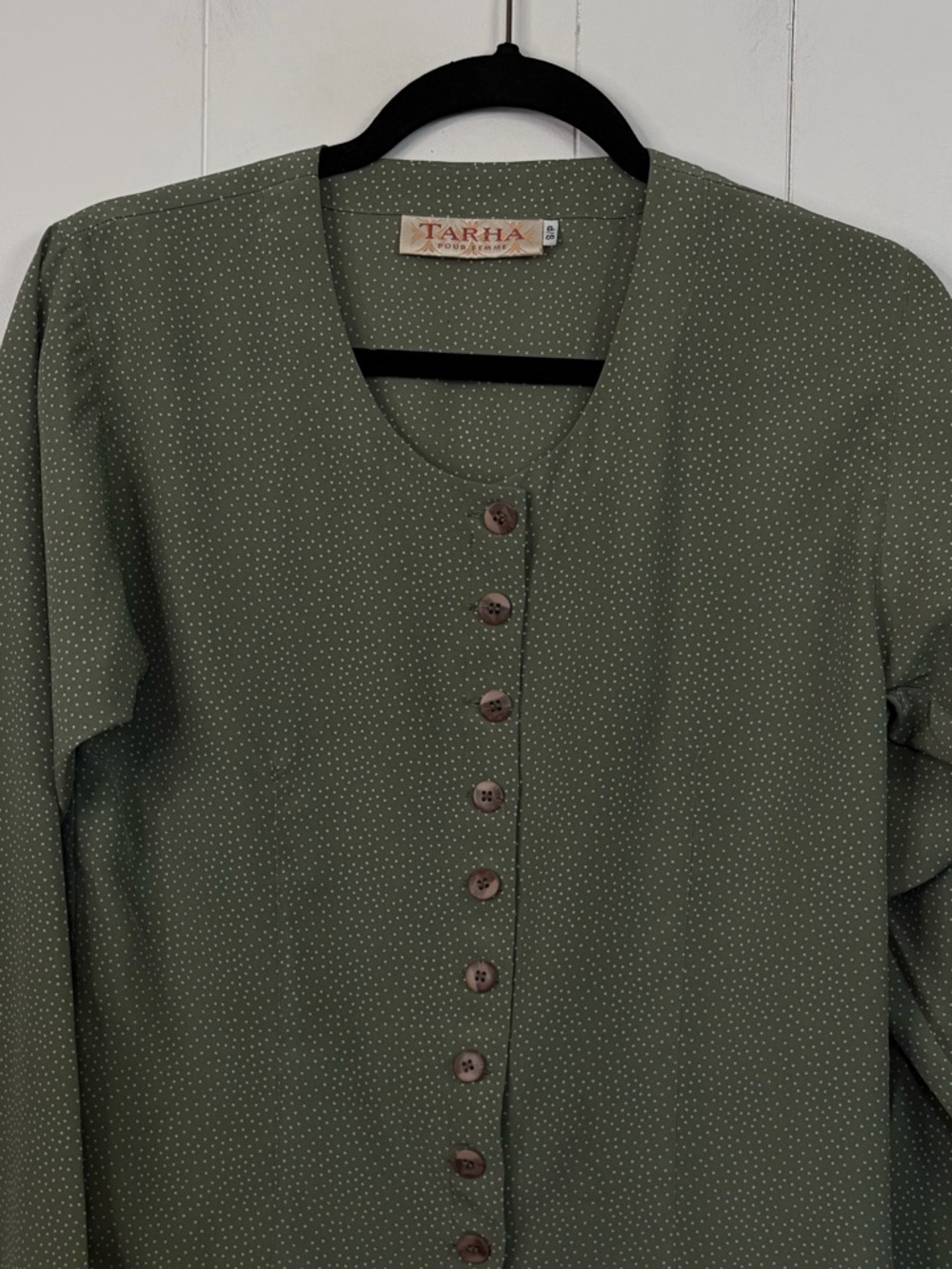 Vintage 90s Olive Green Polka Dot Blouse Office Minimalist Button Top size Small - Picture 5 of 13